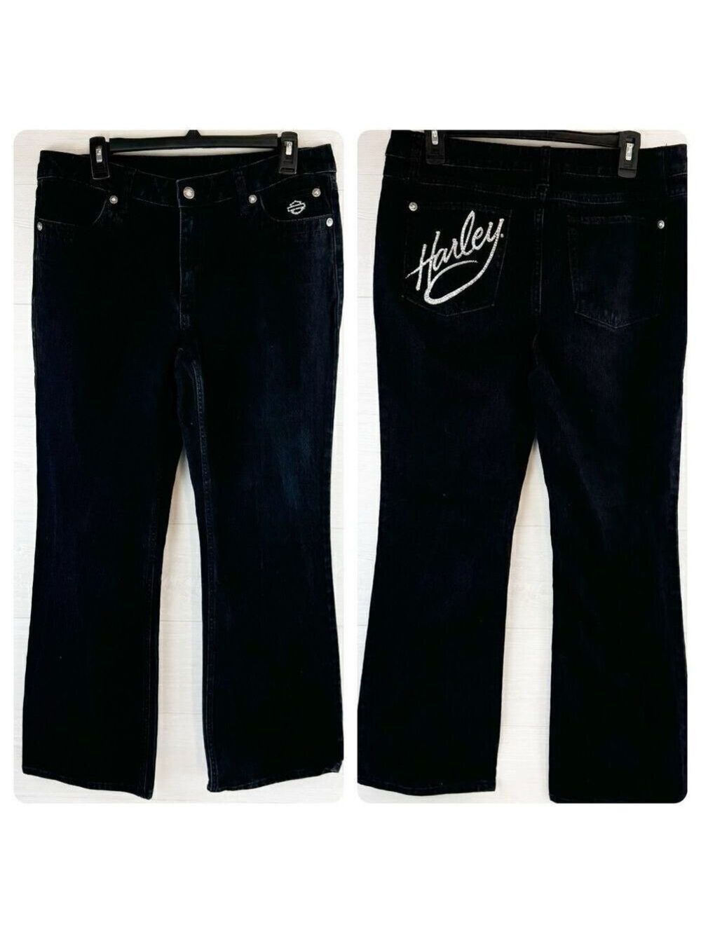 Harley Davidson Rhinestone Logo High Rise Black Wash Jeans